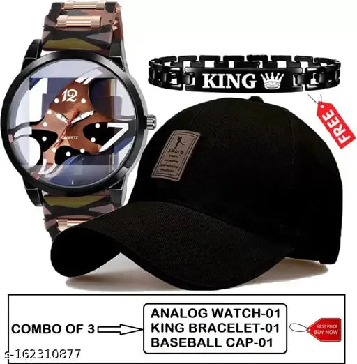 Transparent dial analog watch with cotton cap combo, stronger silicone strap for men and boys, free king bracelet, Indian branded accessory set