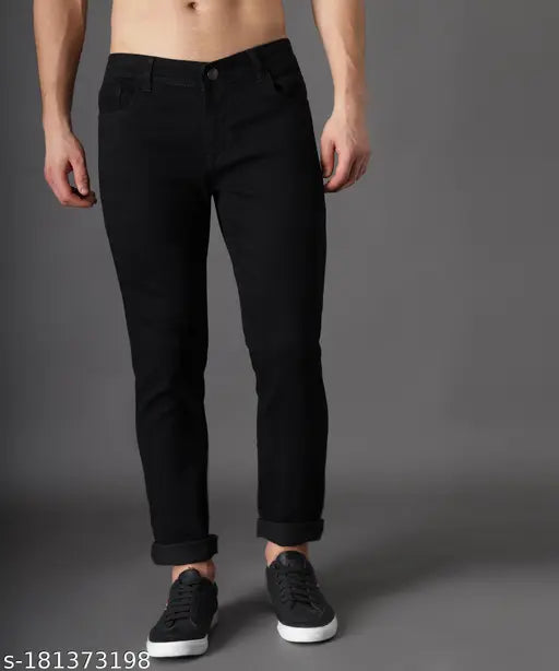ZYRIC Black Cotton Blend Solid Jeans for Men - India, stylish black denim on hangar, size 28, 30, 32, 36