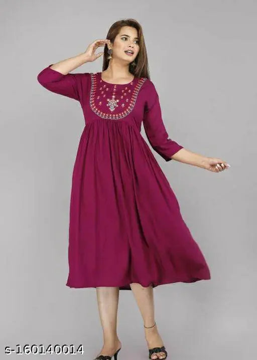 Rayon women's embroidered kurta, three-quarter sleeves with wine embroidery design. S-XXXL sizes available, made in India