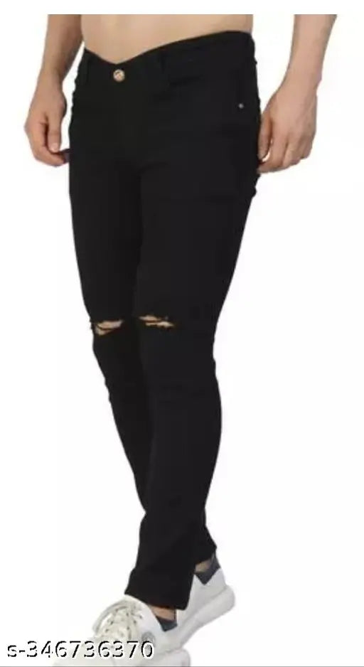Black denim MOD MEN knee-slit jeans with solid pattern, ideal for fashionable, size 28, 30, or 32 waist