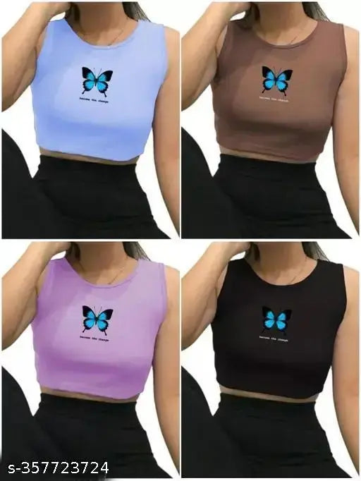 Multicolor printed lycra crop top with short sleeves, suitable for office, casual, daily wear (pack of 4). Women's top features ruffle trim, loose fit, and easy style customization. Breathable, comfortable, and 95% organic cotton