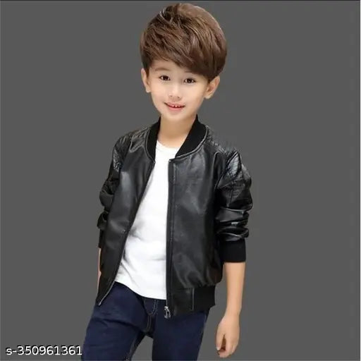 Black leather biker bomber jacket with fur, children's fashionable outfit