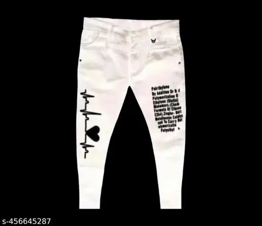 White denim jeans, casual placement print on stand, size 28, 30, 32 from India