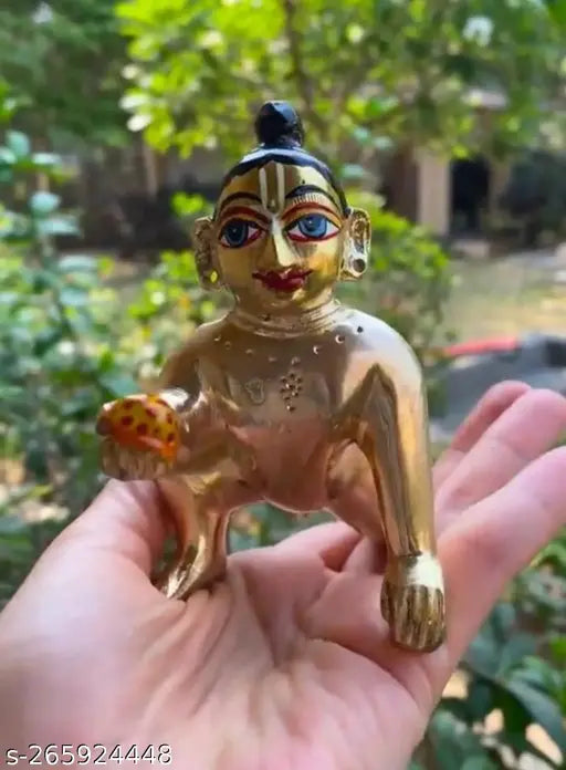 Brass hand-painted Krishna Idol, modern Laddoo Gopal Ji with eye and lip makeup, for pooja, home decor, office table sculpture, gold color, premium quality, Hindu religious festive decorations, Indian origin (8x5x8 cm)