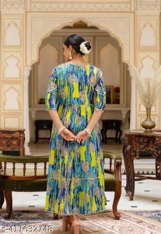 Multicolor floral embroidered viscose rayon Anarkali Kurta with short sleeves, featuring tassels and vibrant prints. Women's size S to XXL (India origin)