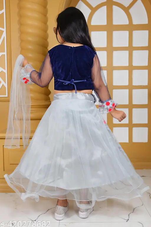 Velvet and net Girls lehenga Choli with zari stitch, solid top and net dupatta, three-quarter sleeve length. Indian traditional outfit for girls aged 4-9 years