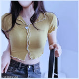 Collar crop top Lycra t-shirt, solid color, full stretchable new collection, India origin