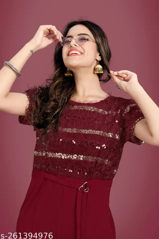 Maroon embroidered lycra jumpsuit for women, embellished net pattern on display
