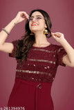 Maroon embroidered lycra jumpsuit for women, embellished net pattern on display