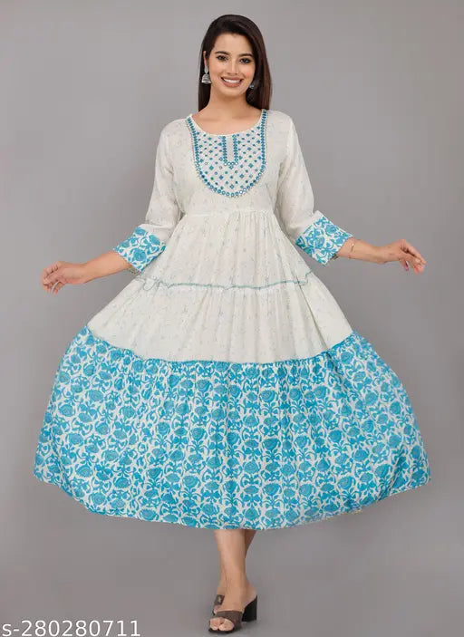 Embroidered blue anarkali dress with print
