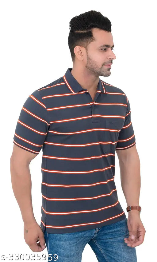 Breathable polycotton striped polo t-shirt, cuffed sleeves & chest pocket, ideal for men's summer wear