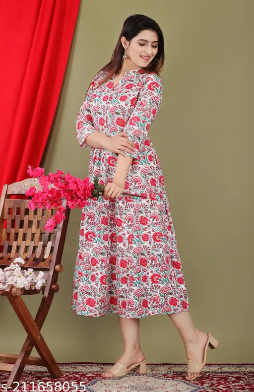 White cotton Anarkali kurti, three-quarter sleeves, printed pattern on woman, Krishnam fashions India