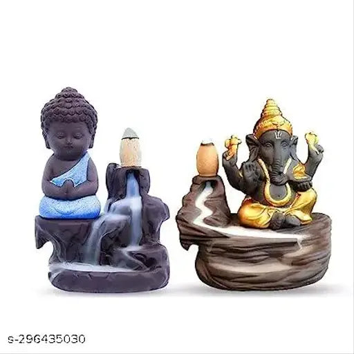 Blue & Gold PMR PolyResin Ganesha Buddha Combo Backflow Incense Holder Showpiece Statue with 50 Cones, decorative Indian artistry for home decor