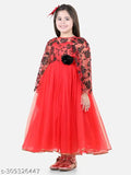 Embellished red net party gown dress for girls, full length with long sleeves, size 1-2 years origin India