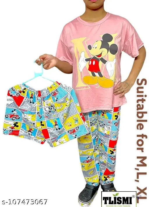 TLISMI Women's Cartoon Printed Cotton Half Sleeve Night Suit Dress/T-shirt & Pyjama Set - Comfortable sleepwear for women & girls, great for everyday wear or holidays