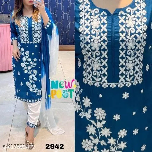 Rayon embroidered women's kurta pant set with dupatta, blue and white color scheme