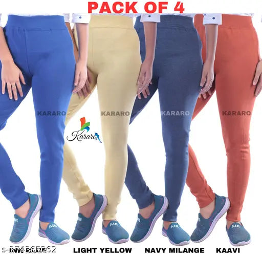 KARARO women's cotton blend plain jeggings pack of 4, recycled hosiery cotton waste. High-quality, comfortable, lightweight, and trendy jeggings available in sizes 26-34 & free size, made in India