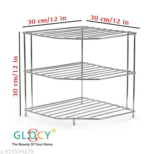 Three-tiered diamond corner shelf, counter and cabinet organizer, kitchen and bathroom storage rack, silver