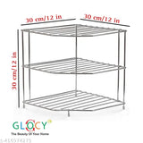 Three-tiered diamond corner shelf, counter and cabinet organizer, kitchen and bathroom storage rack, silver