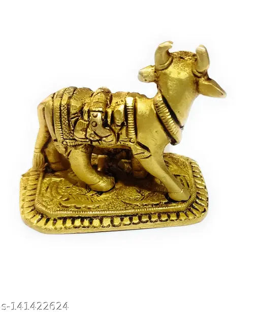 Brass statue of cow and calf, Indian animal figurine for home decor or temple pooja, yellow brass metal, 160gm, dimensions: 7cmL x 5.5cmH x 4cmW (single piece)