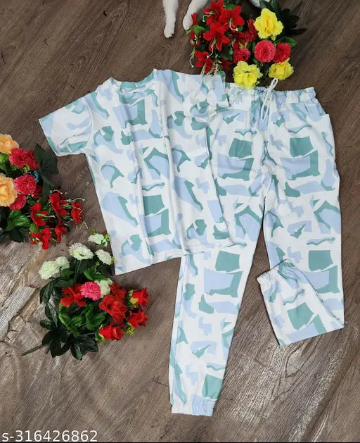 Tie-dye Lycra t-shirt with jogger set, short sleeves, printed pattern, diverse sizes available (S-XXXXL)