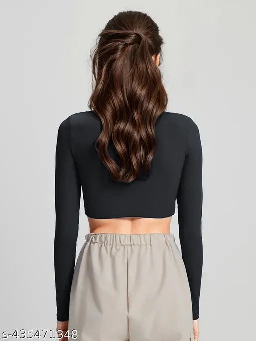 Trendy modern women's Lycra long-sleeved solid T-shirt, India-made fashion apparel for size S & M with 34in bust and 24in length