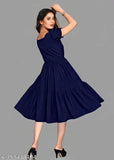 Navy Blue Rayon Fit and Flare Calf-Length Dress with Square Neck and Puff Sleeves, versatile casual wear for women's wardrobe