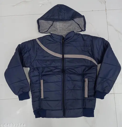 The image shows a cute stylish boys winter jacket, likely made of a soft fabric with zipper closures and pockets