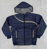 The image shows a cute stylish boys winter jacket, likely made of a soft fabric with zipper closures and pockets