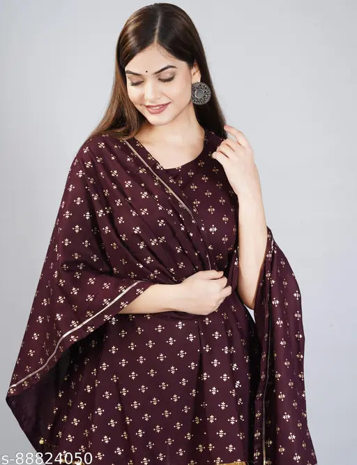 Burgundy rayon flared sleeveless kurta with hand block printed dupatta