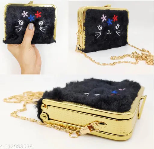 Small miniature fashion sling wallet bag purse with black fur