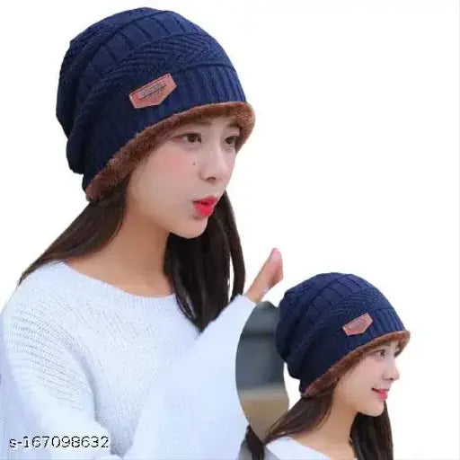 Navy blue wool acrylic cap with winter wind and snow protection