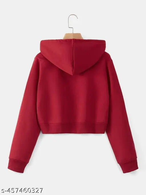 Women's Fleece Zip-Up Crop Hoodie, solid color, rib fabric, suitable for spring, fall, casual outings, vacation, picnic, traveling, school, home, and daily wear