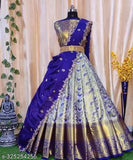 Blue striped acrylic dupatta with net sleeves and jacquard stitch semi-stitched lehenga choli in art silk, perfect for personalizing as the centerpiece at any event. Indian origin
