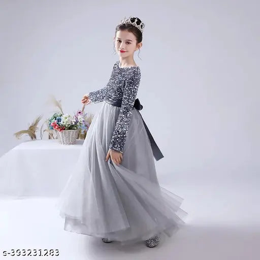 Designer net kids' holiday gown, three-quarter sleeves, exquisite attention to detail, luxury children's evening wear from B. R. Enterprise, size 5-16 years, made in India
