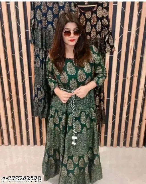 Gold rayon anarkali kurti with printed flare, three-quarter sleeves, festive and party wear from India