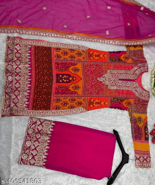 Heavy georgette designer suit in vibrant pink and white with matching dupatta and lehenga
