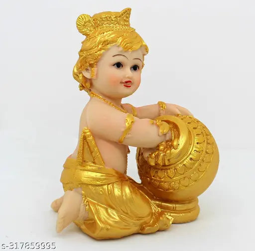 Poly resin Krishna idol, Tulika Collections Bal Krishna Murti Makhan Chor Laddu. Dimensions: 11L x 6.3W x 13.9H cm. Perfect for pooja gift home decoration or tabletop display. Vastu-compliant and brings wealth, health, peace, and happiness. Origin: India