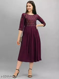 Trendy Rayon calf-length Anarkali Kurtis with embroidered pattern, suitable for work or casual wear for women. Sizes: S (Bust 34in), M (Bust 36in), L (Bust 38in), XL (Bust 40in), XXL (Bust 42in), XXXL (Bust 32in) - Made in India