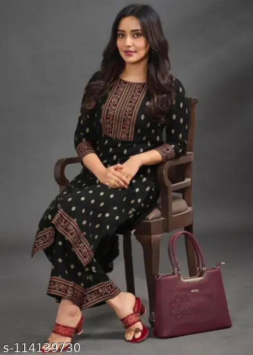Black printed rayon kurta palazzo ethnic set, three-quarter sleeves, suitable for festive and casual wear - Indian fashion