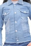 Worn denim jacket with distressed wash and frayed trim