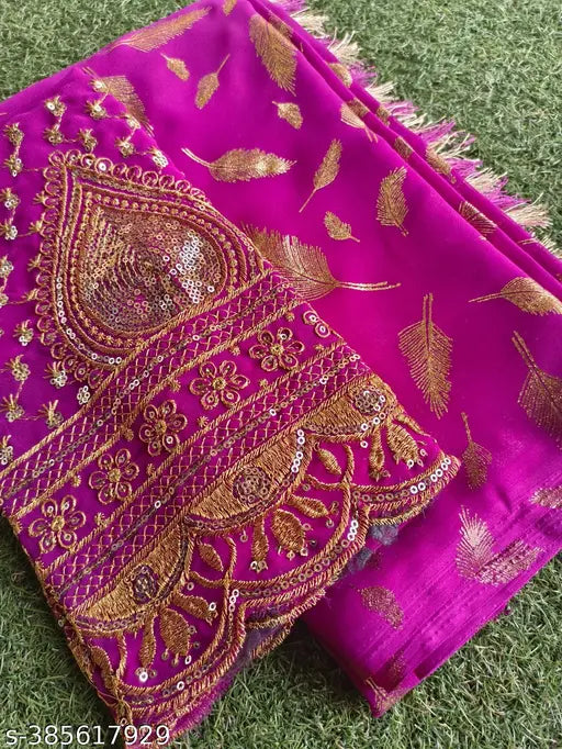 Red patti velly georgette saree with golden foil and embroidery blouse
