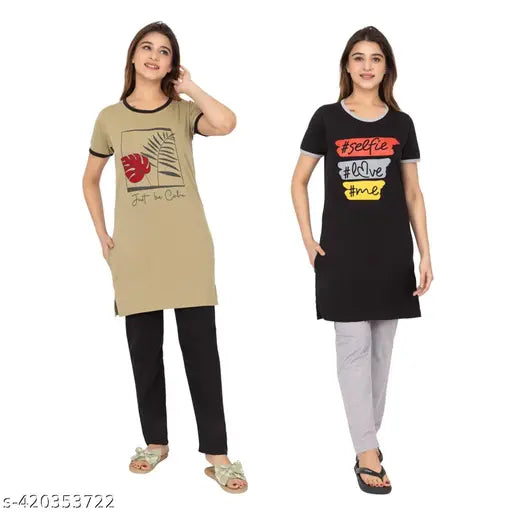 Pure cotton printed women's payjama set combo, ideal for work-from-home or relaxing at home, round neck half sleeve top and pyjamas, Indian origin