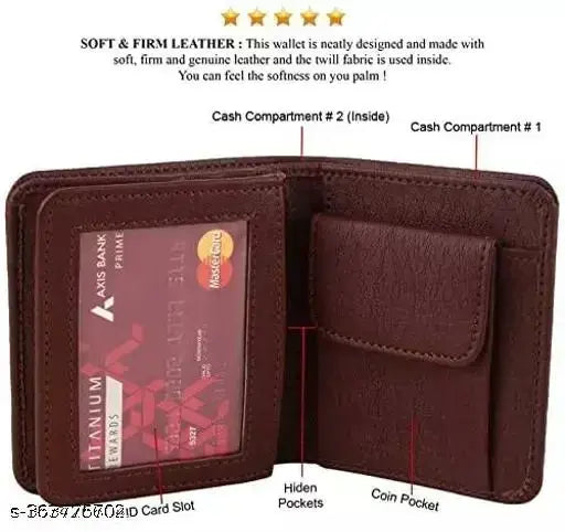 Solid faux leather bifold compact wallet for men with 7 card slots, ID window, coin pocket, and secret compartments