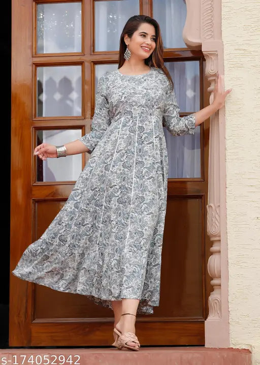 Grey rayon embroidery gown, three-quarter sleeves, ideal for parties and festivals