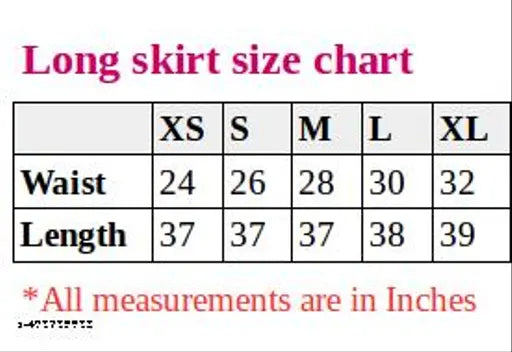 Long skirt size chart with waist and hip measurements in inches