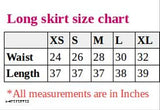 Long skirt size chart with waist and hip measurements in inches