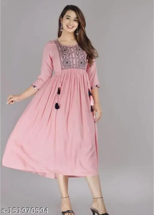 Embroidered pink rayon kurtis, contemporary Indian wear for bold women