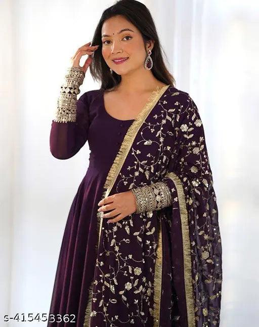 Purple embroidered flared Georgette kurta set for women, high-quality Indian partywear gown with long sleeves, designed for wedding or ethnic occasions