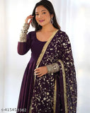 Purple embroidered flared Georgette kurta set for women, high-quality Indian partywear gown with long sleeves, designed for wedding or ethnic occasions
